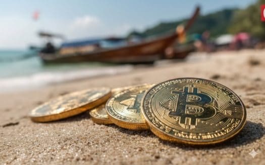 Bitcoin cryptocurrency coins on sandy beach with boat in background.
