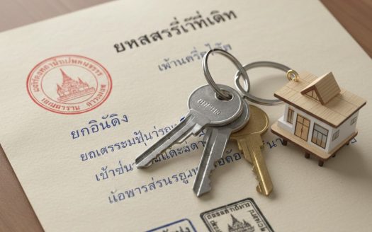Home loan agreement with keys and miniature house model for property financing.