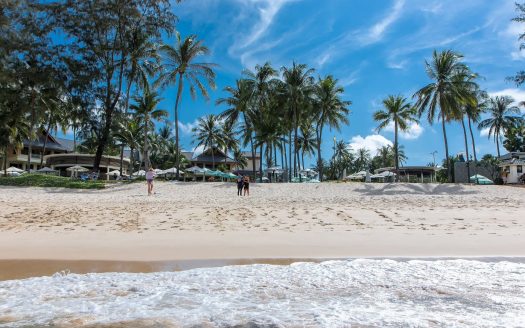 Tropical beach with palm trees and seaside resort