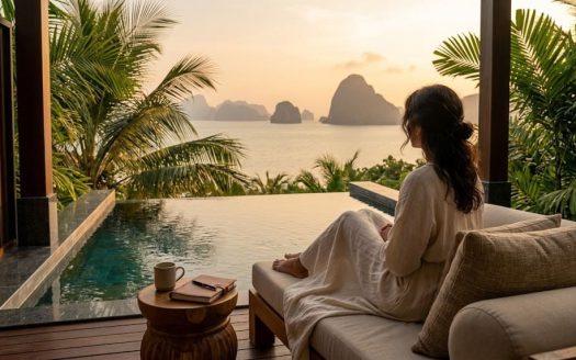 Woman relaxing by infinity pool overlooking tropical sunset