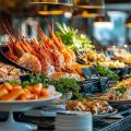 Seafood buffet with large prawns and shellfish