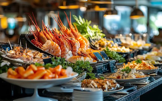 Seafood buffet with large prawns and shellfish