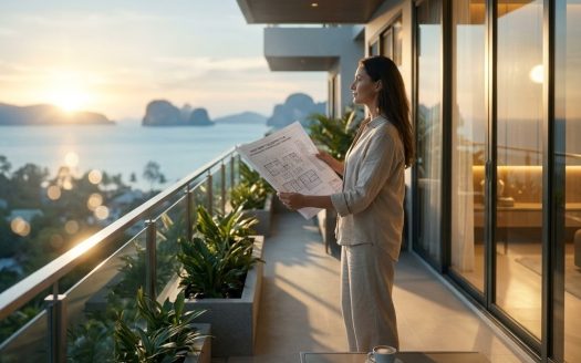 Woman holding architectural plans on seaside balcony at sunset