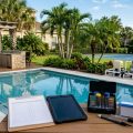 Backyard swimming pool with testing kit and clipboard