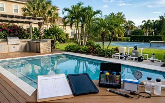 Backyard swimming pool with testing kit and clipboard