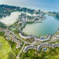 Aerial view of coastal resort with lagoons