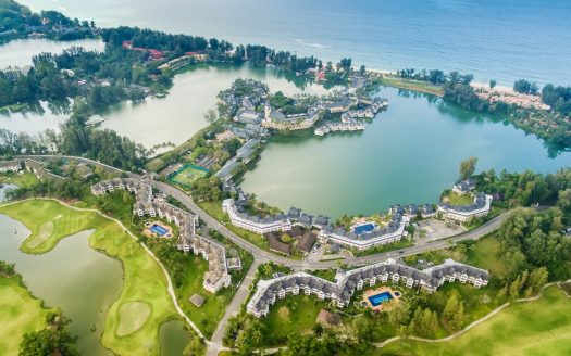 Aerial view of coastal resort with lagoons