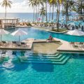 Luxury beachfront resort pool with palm trees