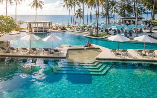 Luxury beachfront resort pool with palm trees