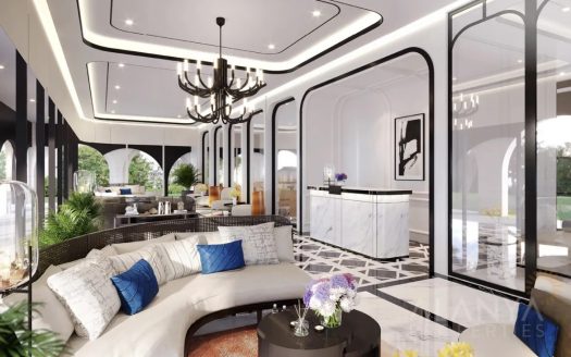 Luxurious modern lounge with chandelier and marble desk