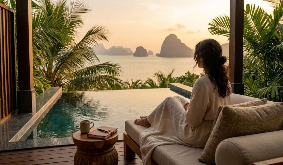Woman relaxing by infinity pool overlooking tropical sunset