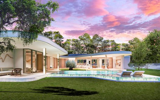 Modern luxury home with pool at sunset