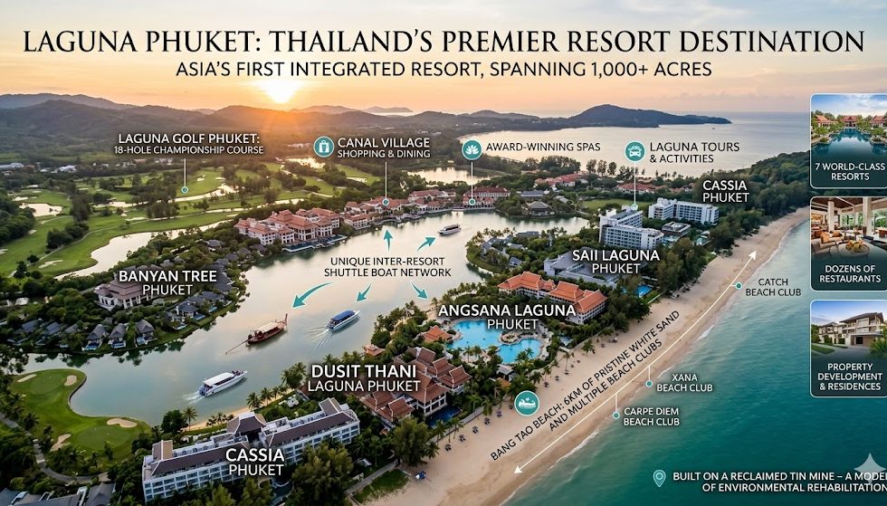 Aerial view of Laguna Phuket beachfront resort complex