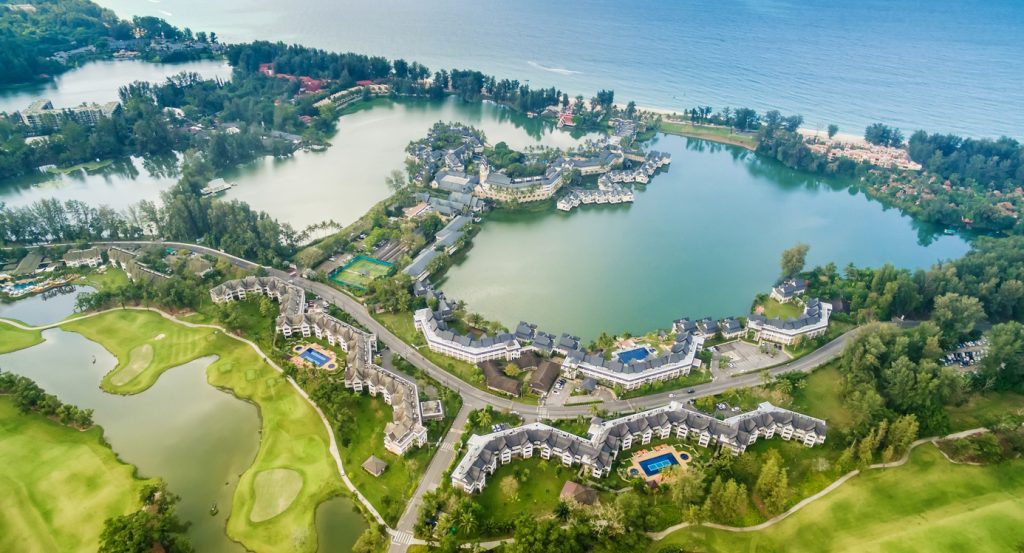Aerial view of coastal resort with lagoons