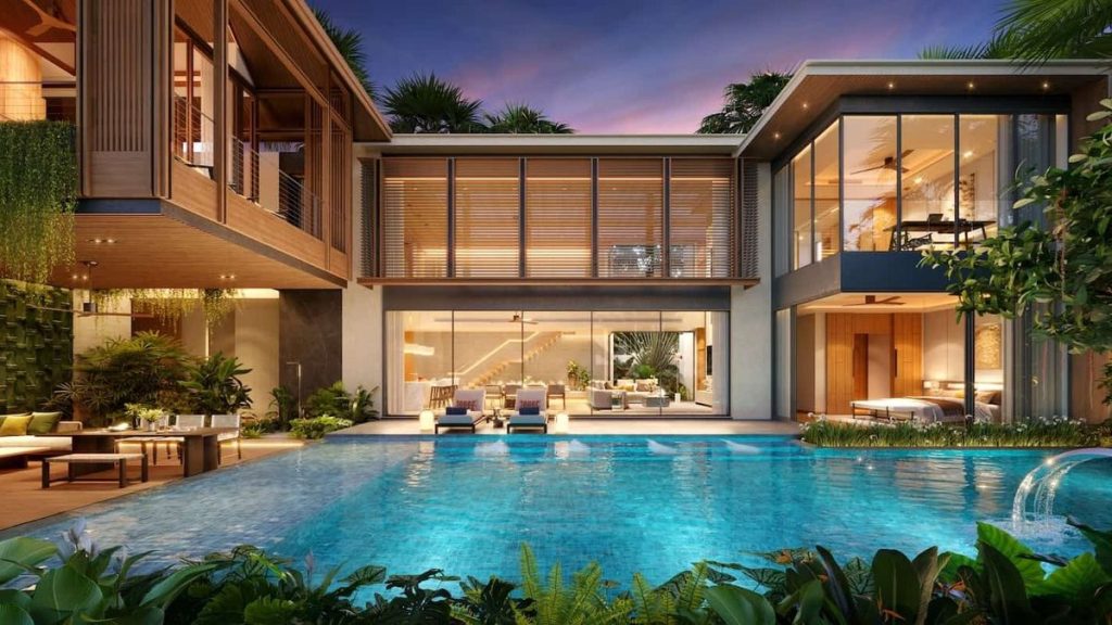 Modern luxury villa with pool at dusk