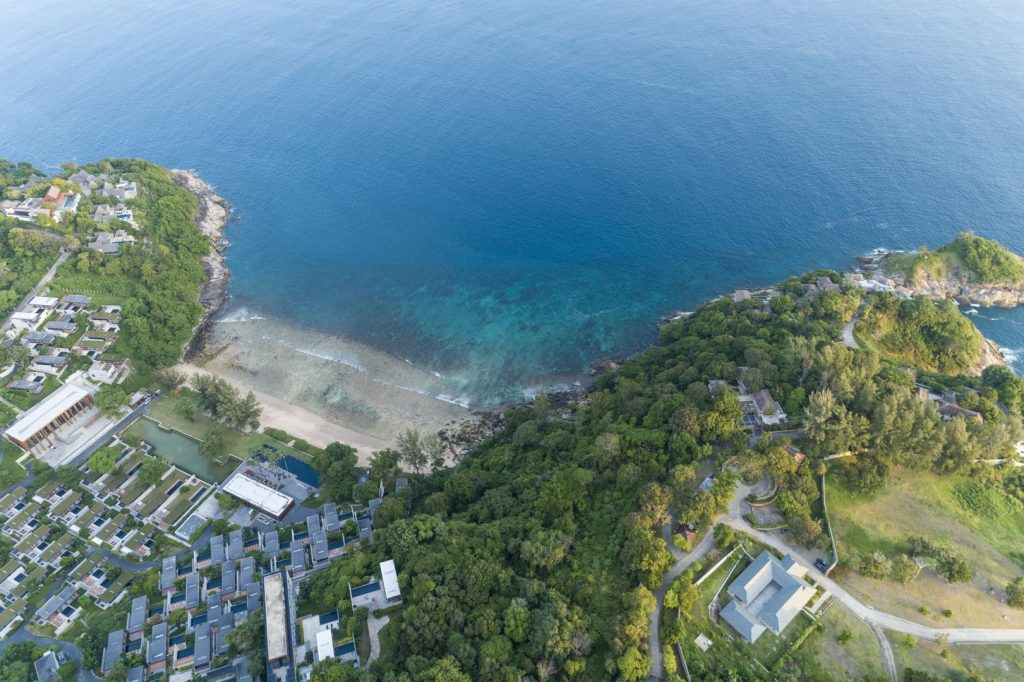Aerial view of tropical bay and beach resort