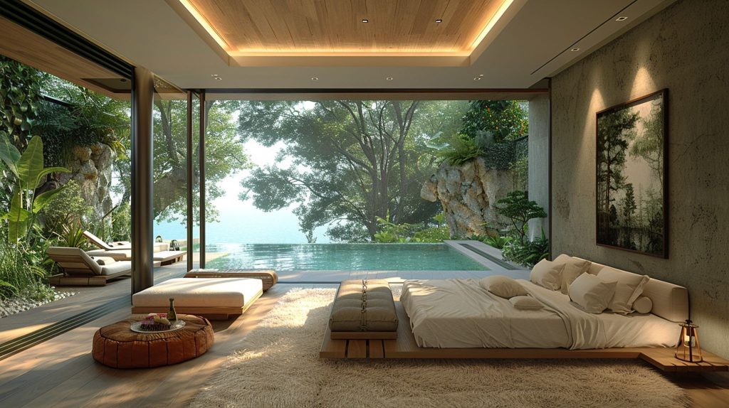 Luxury bedroom opening onto infinity pool and forest