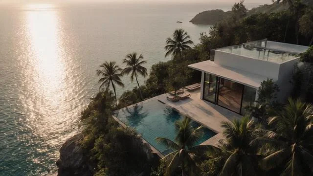 Modern seaside villa with infinity pool overlooking the ocean at sunset.
